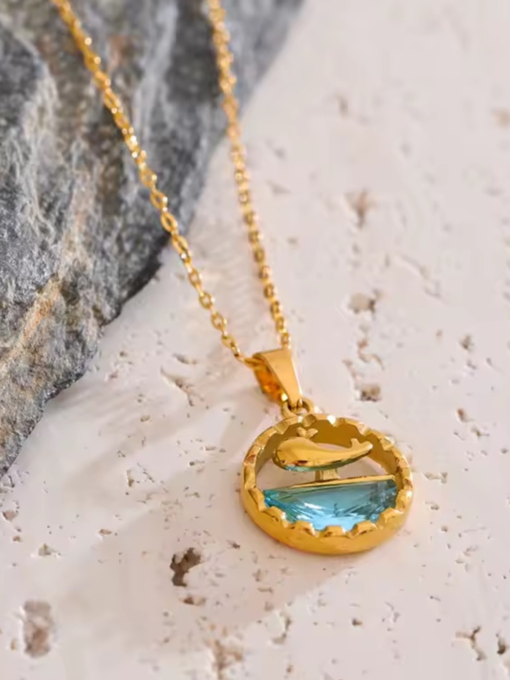 Beachy Blue Crystal Charm Gold Necklace